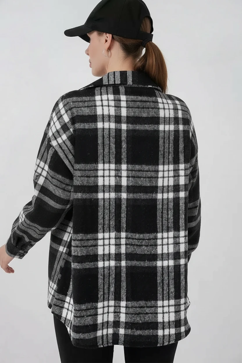 Kadın Oversize Ekose Desenli Pamuklu Siyah Gömlek