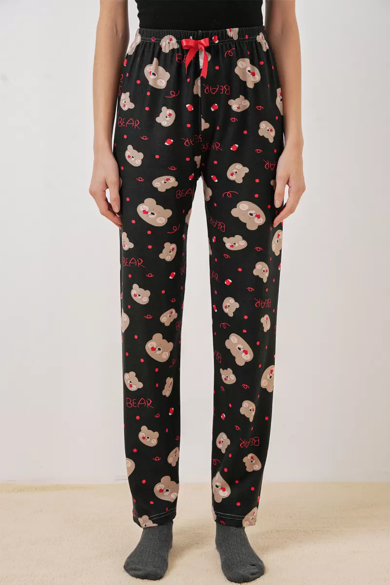 Kadın Belden Büzgülü Ayı Desenli Siyah Pijama Altı