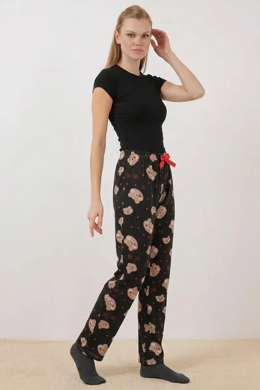 Kadın Belden Büzgülü Ayı Desenli Siyah Pijama Altı