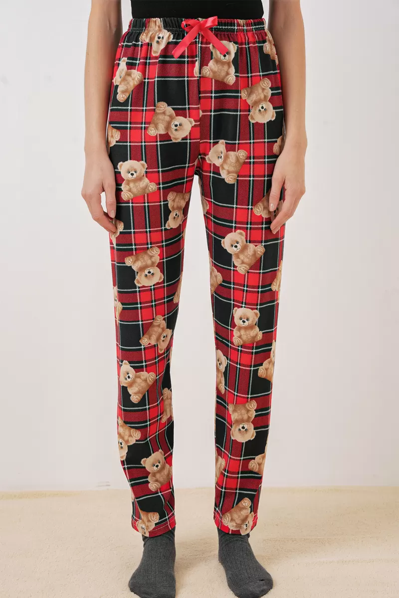 Kadın Normal Bel Kareli Desenli Kırmızı Pijama Altı