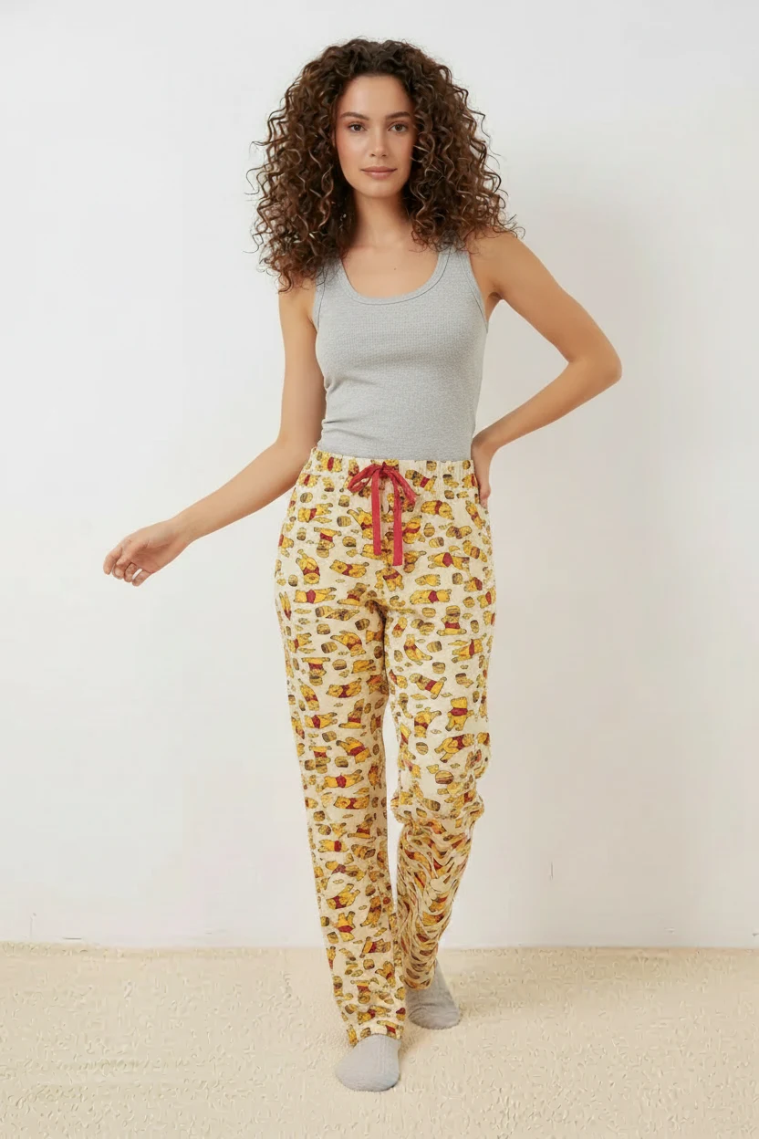 Kadın Beli Büzgülü Desenli Krem Pijama Altı