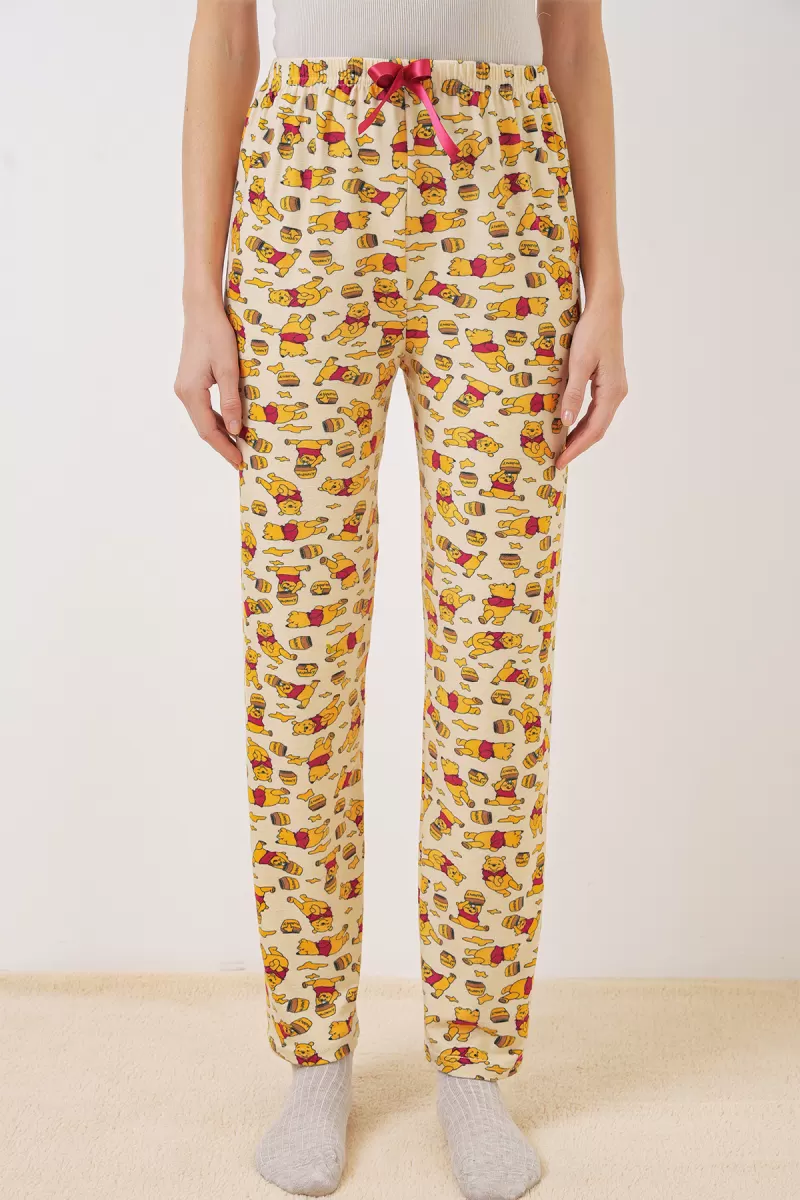 Kadın Beli Büzgülü Desenli Krem Pijama Altı