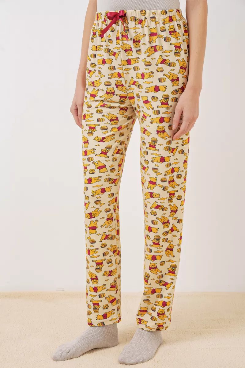 Kadın Beli Büzgülü Desenli Krem Pijama Altı