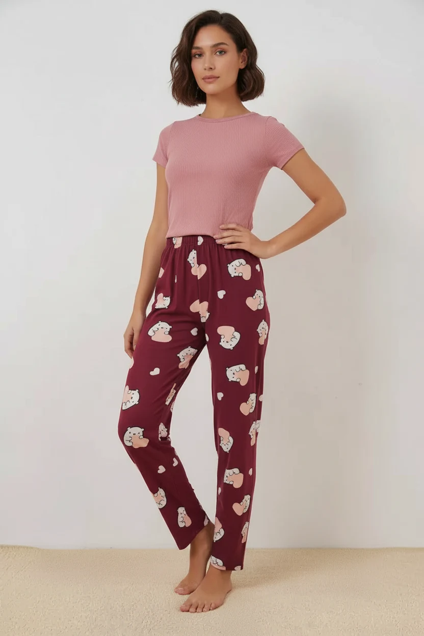 Kadın Desenli Bordo Pijama Altı