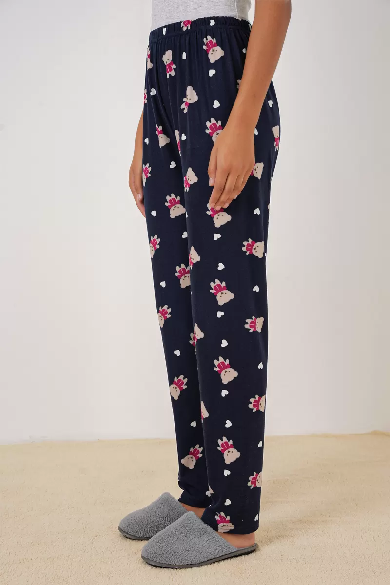 Kadın Lastikli Bel Ayı Desenli Lacivert Pijama Altı