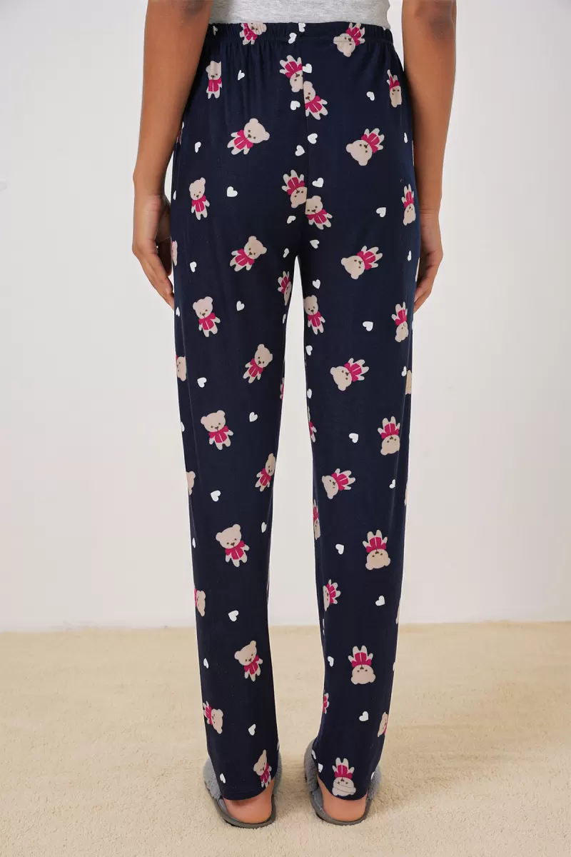 Kadın Lastikli Bel Ayı Desenli Lacivert Pijama Altı