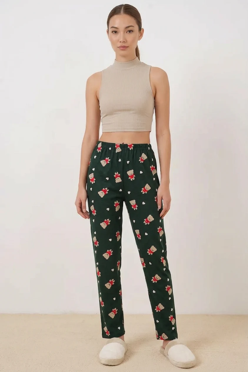 Kadın Desenli Zümrüt Yeşili Pijama Altı