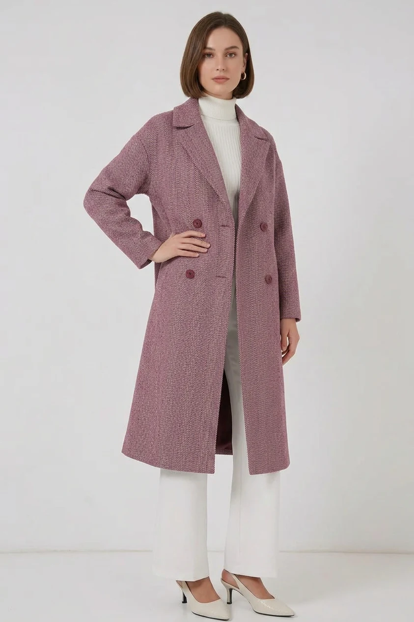 Kadın Klasik Yaka Geniş Kesim Oversize Kaşe Bordo Kaban