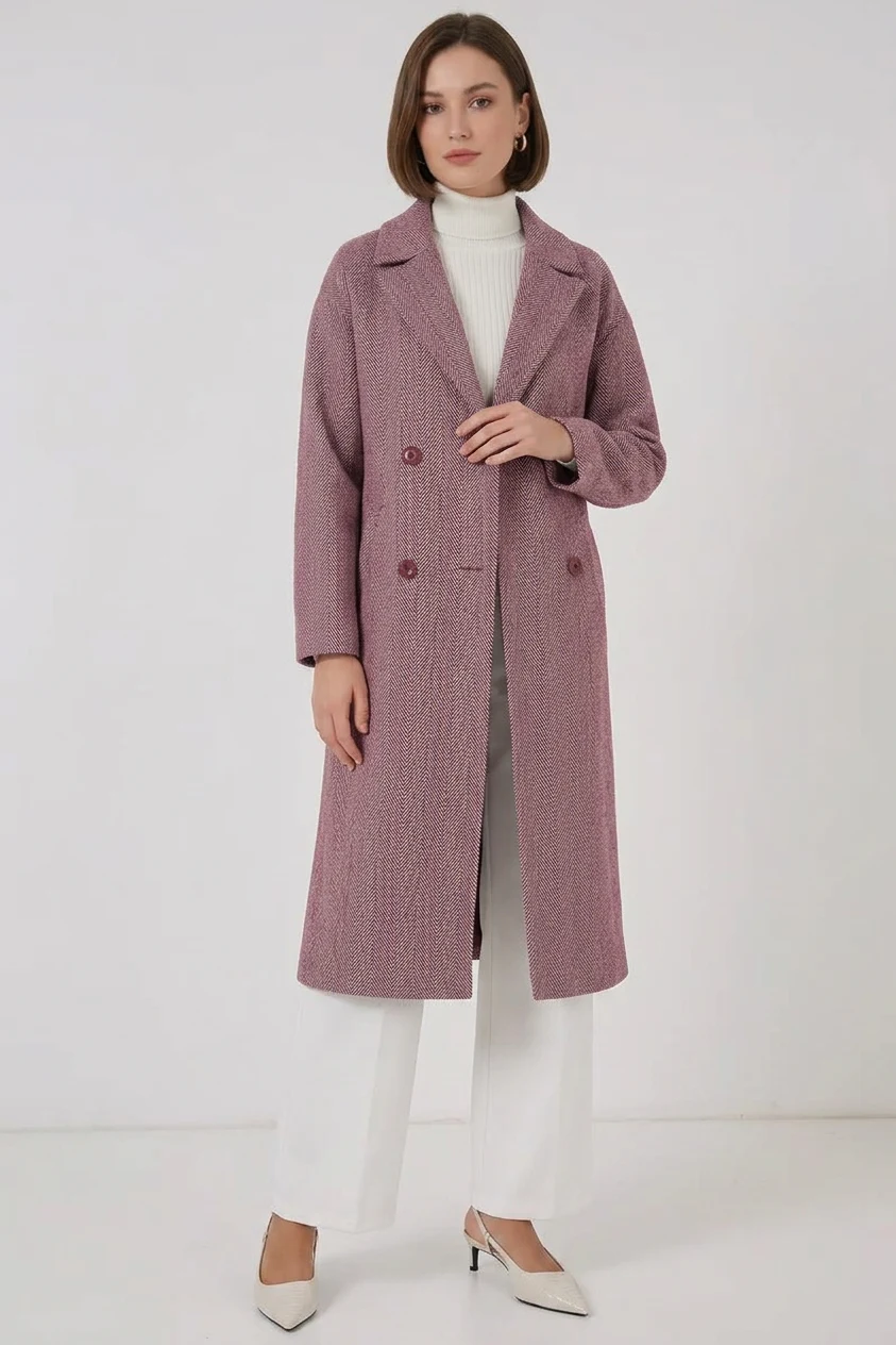 Kadın Klasik Yaka Geniş Kesim Oversize Kaşe Bordo Kaban