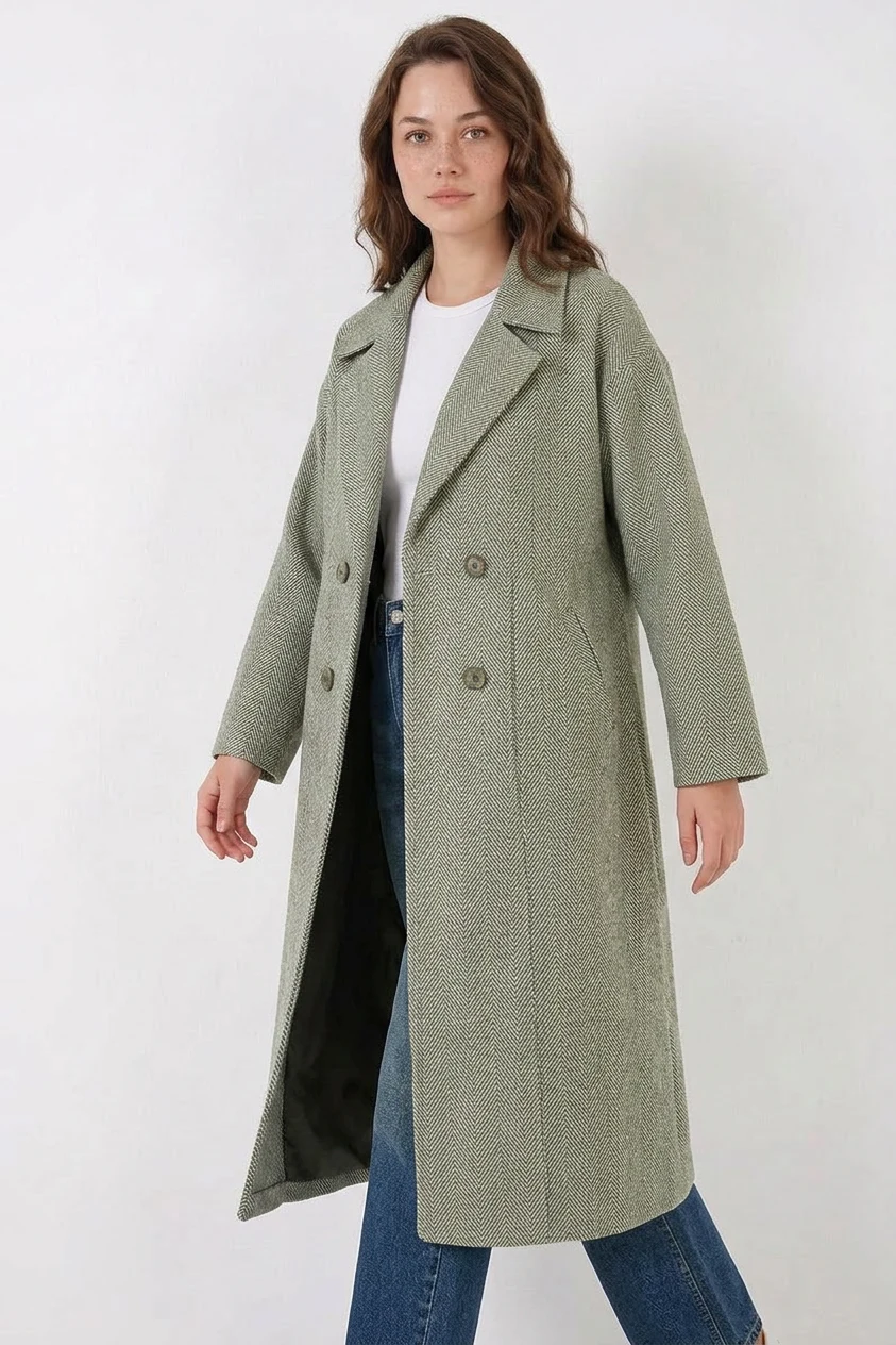 Kadın Klasik Yaka Geniş Kesim Oversize Kaşe Çağla Yeşili Kaban