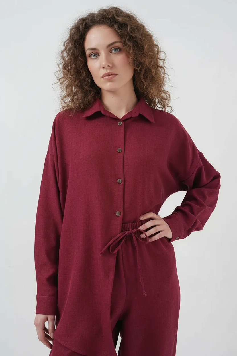 Kadın Gömlek Yaka desenli Viskon Bordo İkili Takım