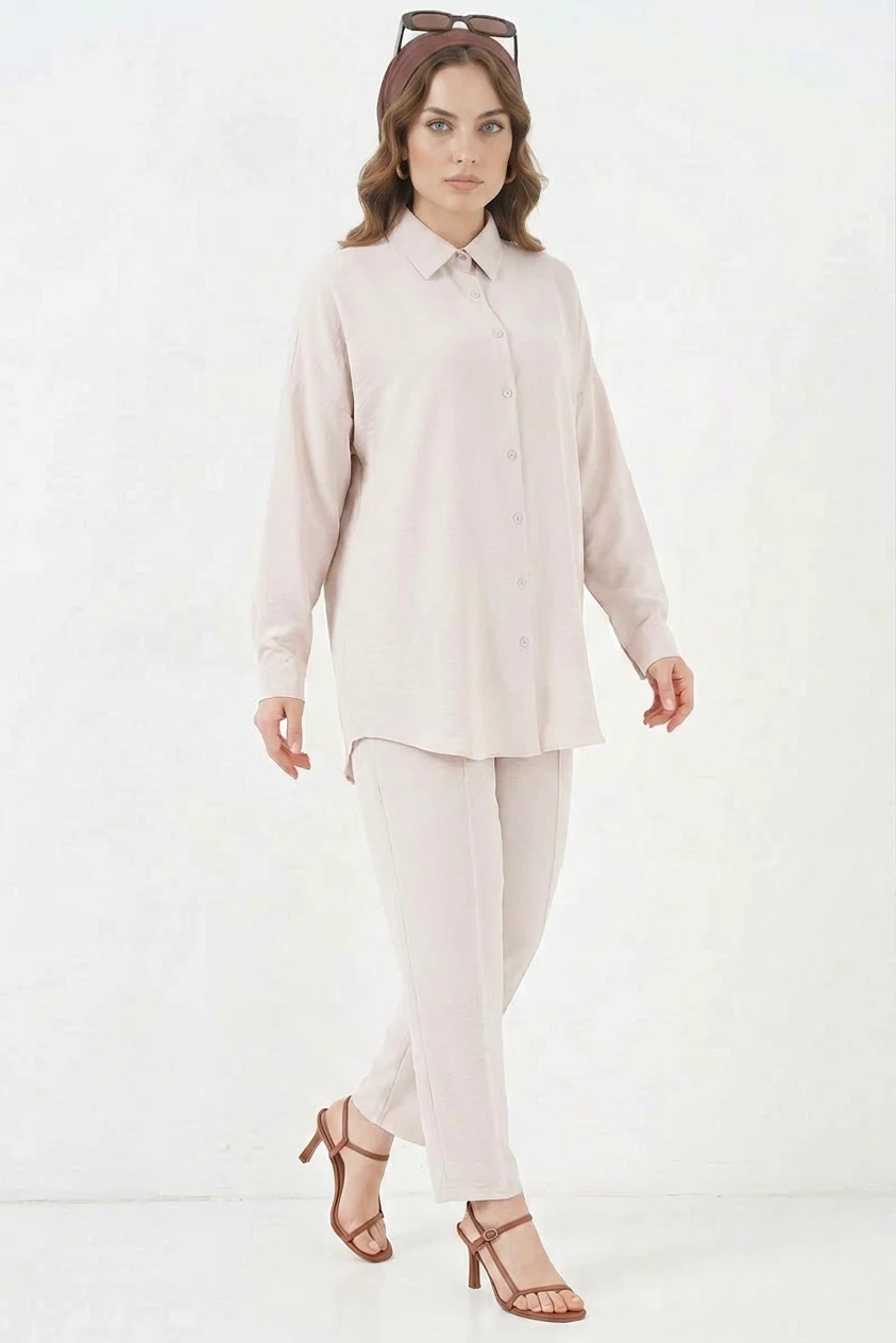 Kadın Gömlek Yaka Oversize Krem İkili Takım