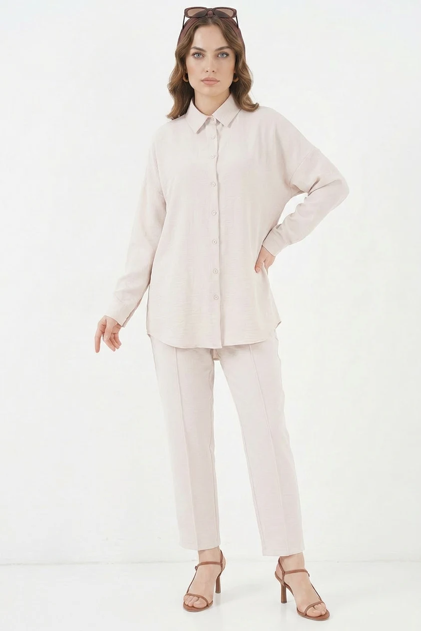 Kadın Gömlek Yaka Oversize Krem İkili Takım