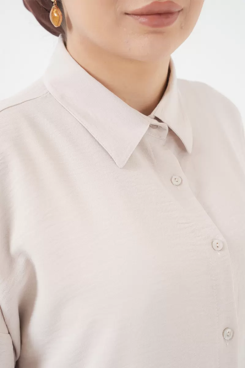 Kadın Gömlek Yaka Oversize Krem İkili Takım