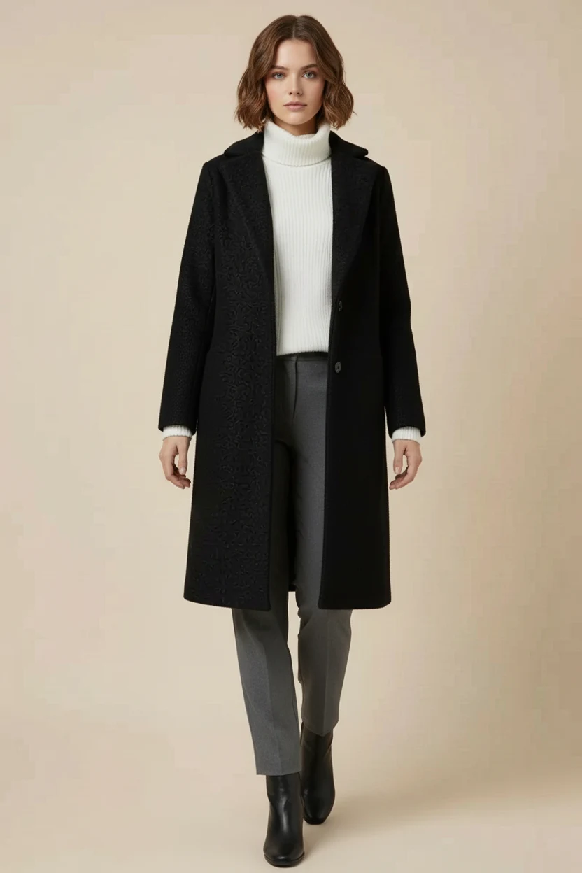 Kadın Klasik Yaka Oversize Kaşe Siyah Kaban