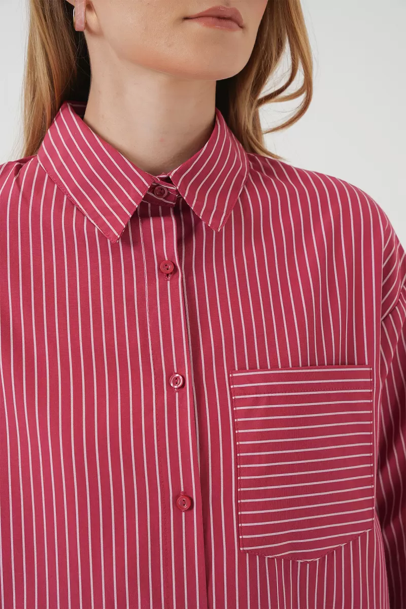Kadın Oversize Tek Cepli Çizgili Pamuklu Kırmızı Gömlek