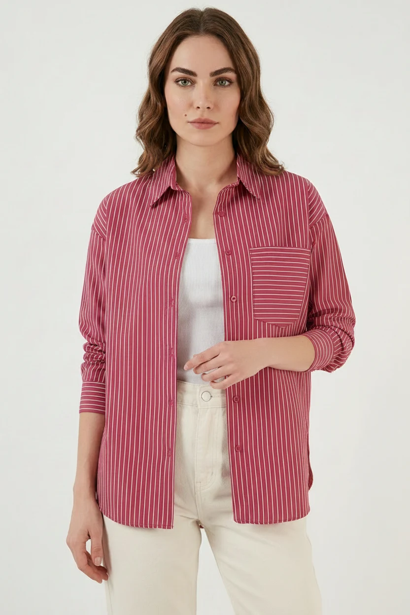 Kadın Oversize Tek Cepli Çizgili Pamuklu Kırmızı Gömlek