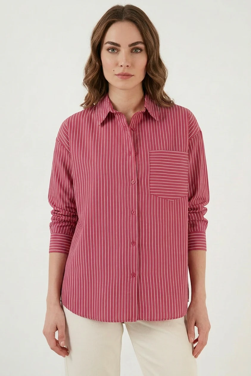 Kadın Oversize Tek Cepli Çizgili Pamuklu Kırmızı Gömlek
