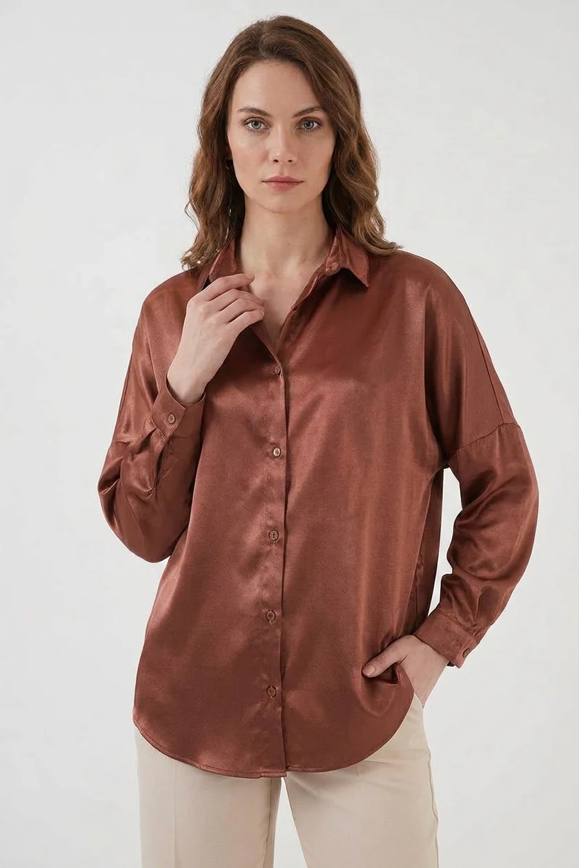 Kadın Oversize Saten Taba Gömlek