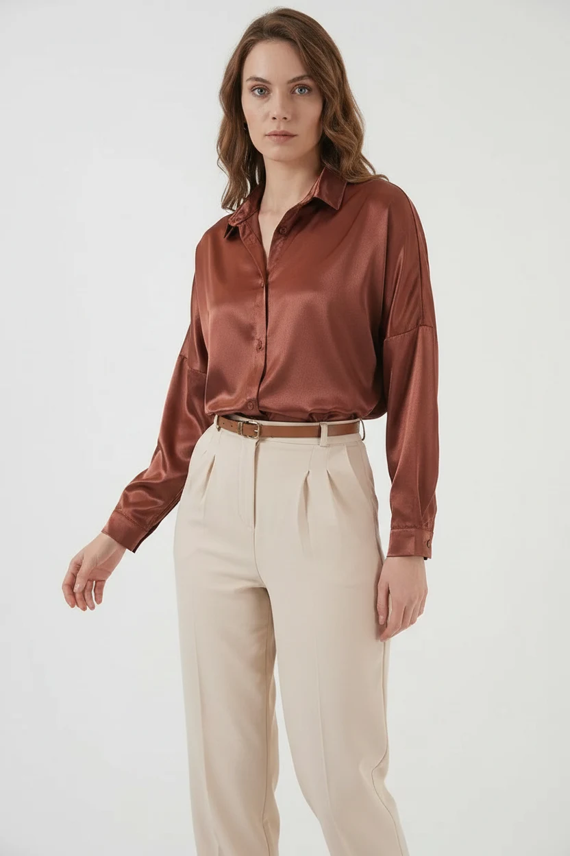 Kadın Oversize Saten Taba Gömlek