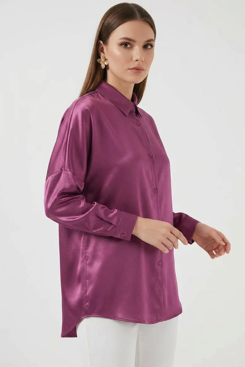 Kadın Oversize Kesim Saten Koyu Lila Gömlek
