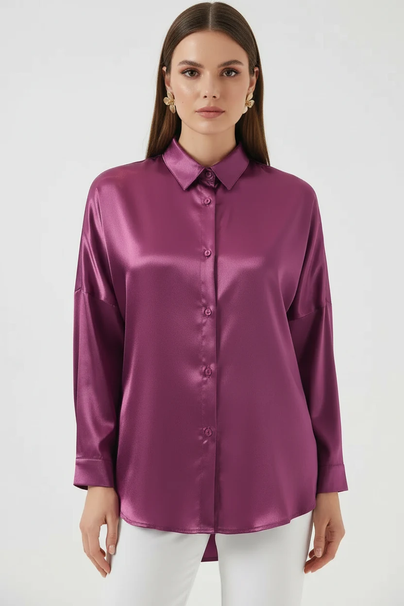 Kadın Oversize Kesim Saten Koyu Lila Gömlek