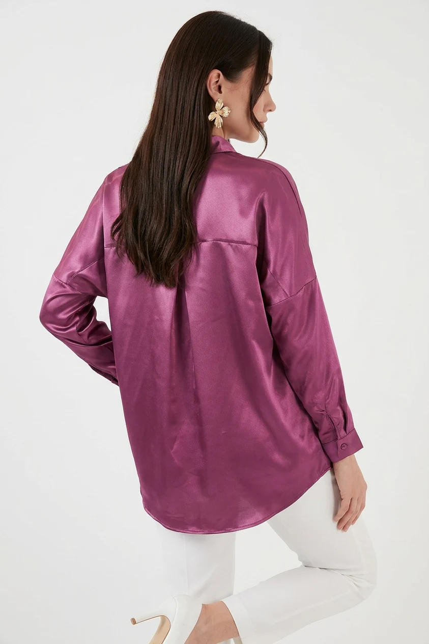 Kadın Oversize Kesim Saten Koyu Lila Gömlek