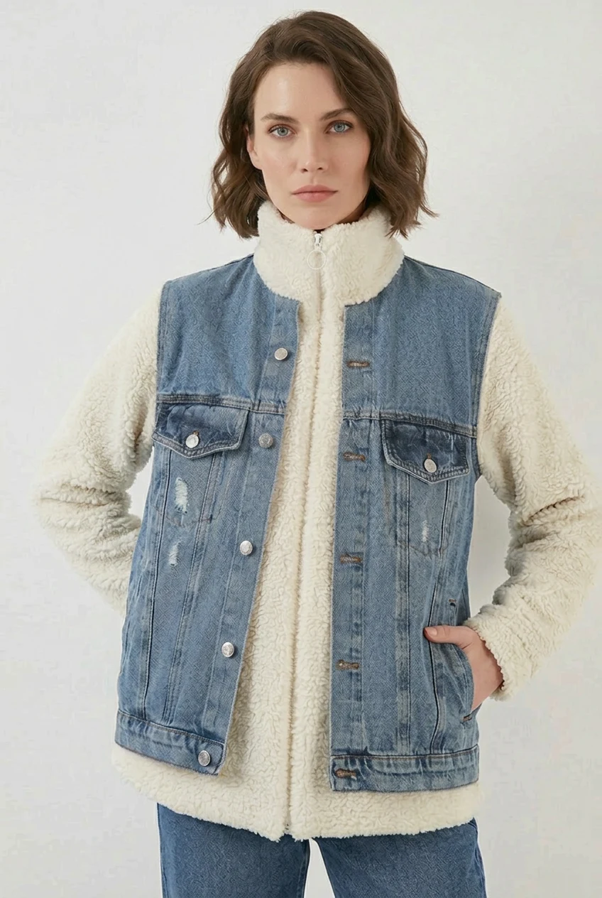 Kadın Yüksek Yaka Denim Peluş Yırtık Detaylı Pamuklu Lacivert Mont
