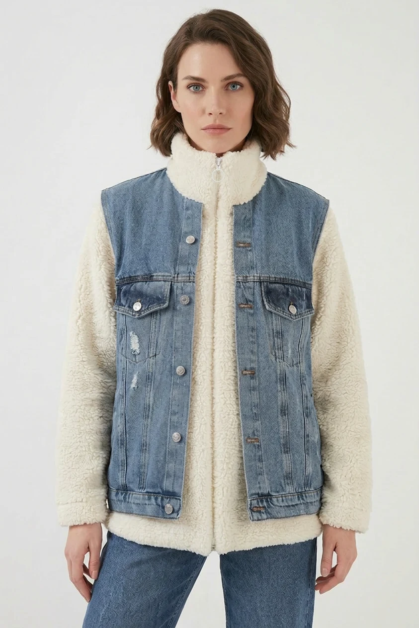 Kadın Yüksek Yaka Denim Peluş Yırtık Detaylı Pamuklu Lacivert Mont
