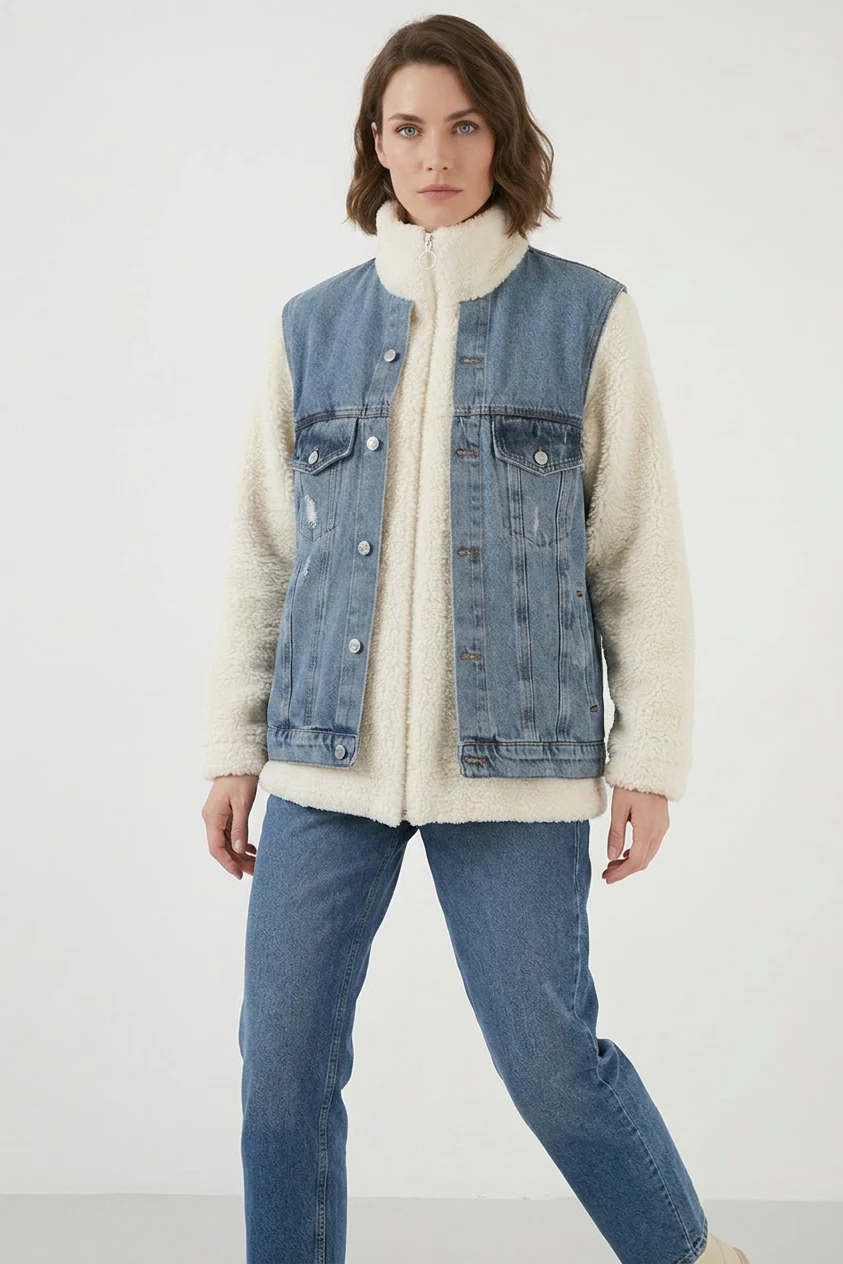 Kadın Yüksek Yaka Denim Peluş Yırtık Detaylı Pamuklu Lacivert Mont