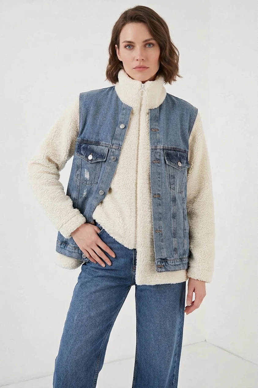 Kadın Yüksek Yaka Denim Peluş Yırtık Detaylı Pamuklu Lacivert Mont