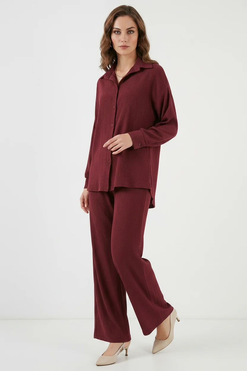 Kadın Gömlek Yaka Düğmeli Oversize Bordo İkili Takım