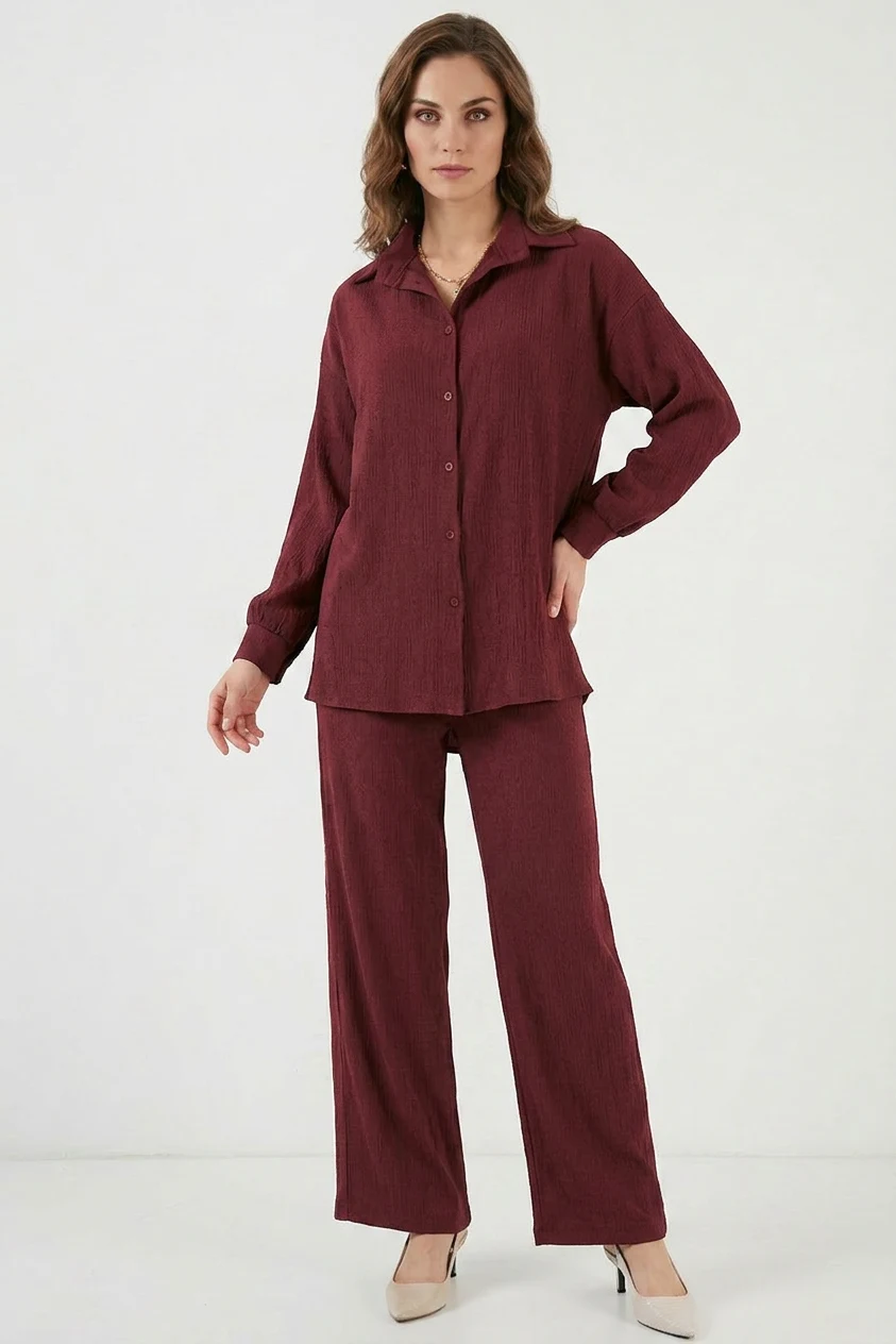 Kadın Gömlek Yaka Düğmeli Oversize Bordo İkili Takım