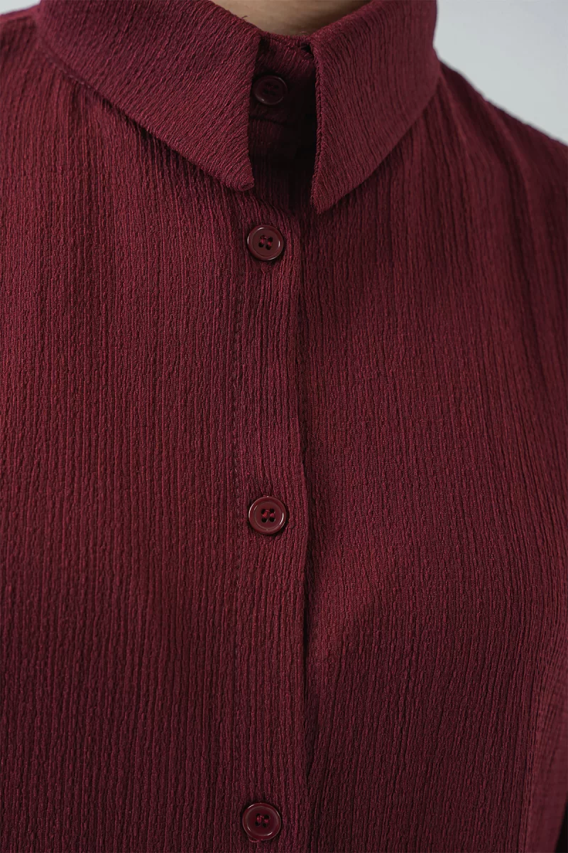 Kadın Gömlek Yaka Düğmeli Oversize Bordo İkili Takım