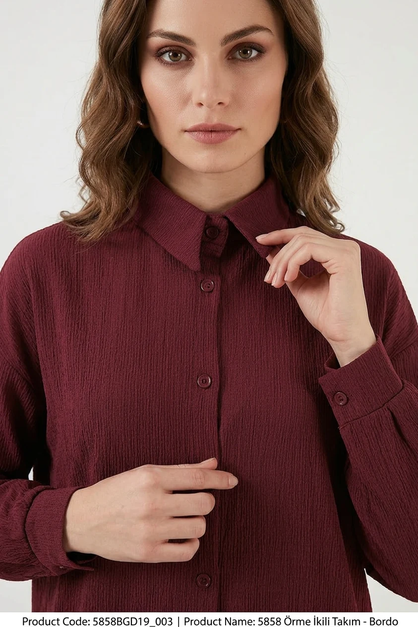 Kadın Gömlek Yaka Düğmeli Oversize Bordo İkili Takım