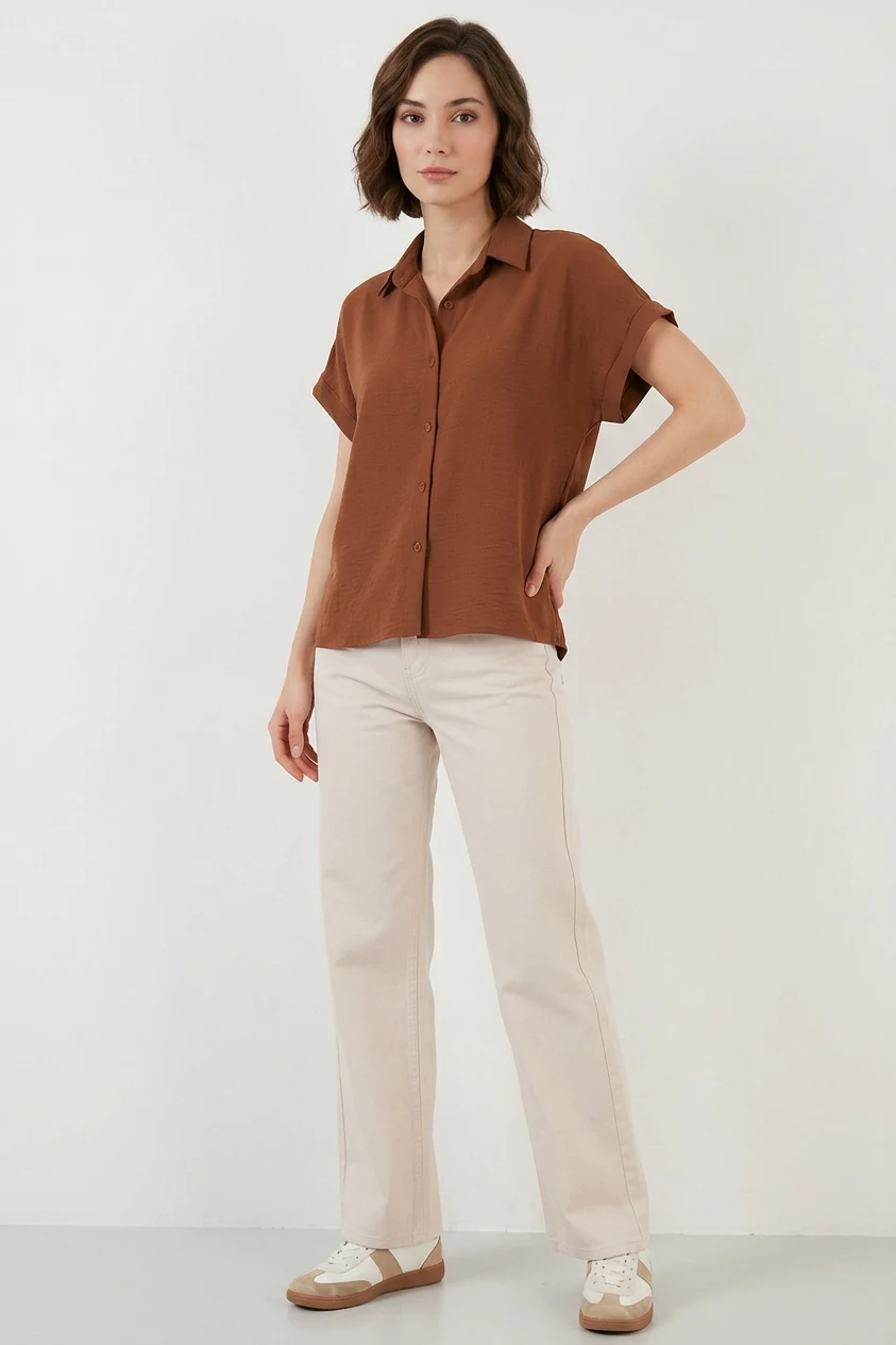 Kadın Kısa Kol Oversize Taba Gömlek