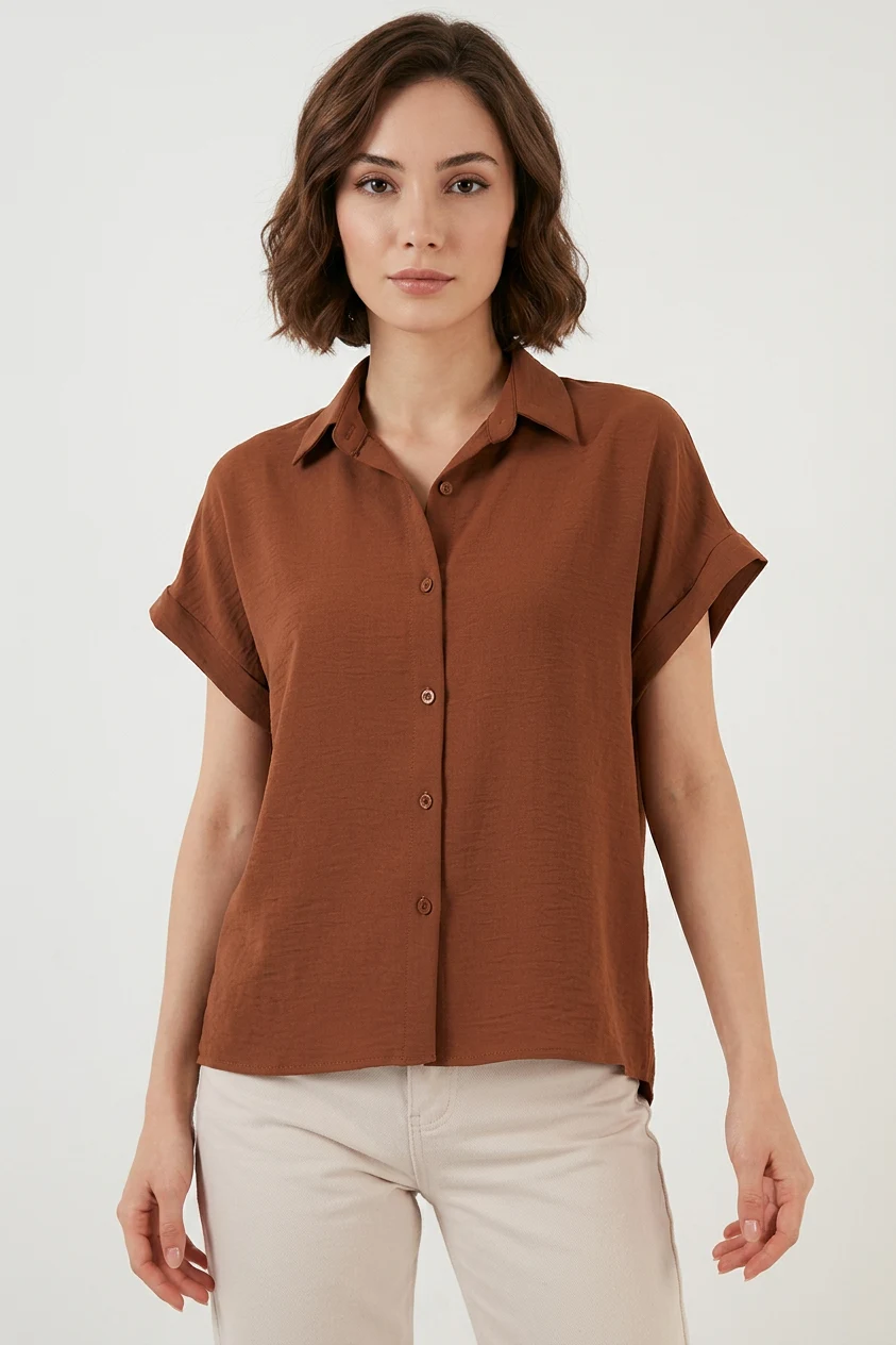 Kadın Kısa Kol Oversize Taba Gömlek