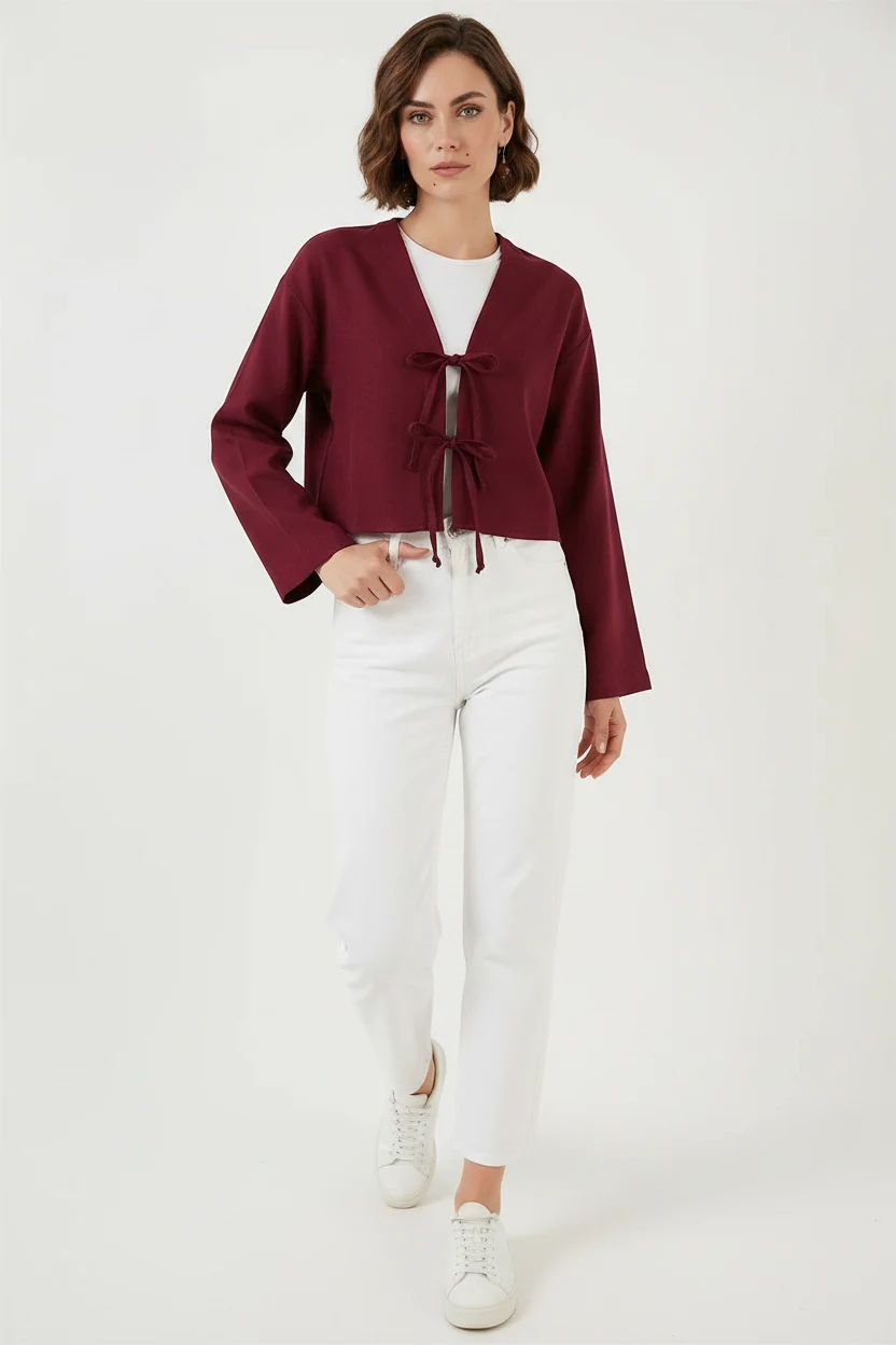 Kadın V Yaka Önü Bağlamalı Keten Bordo Kimono