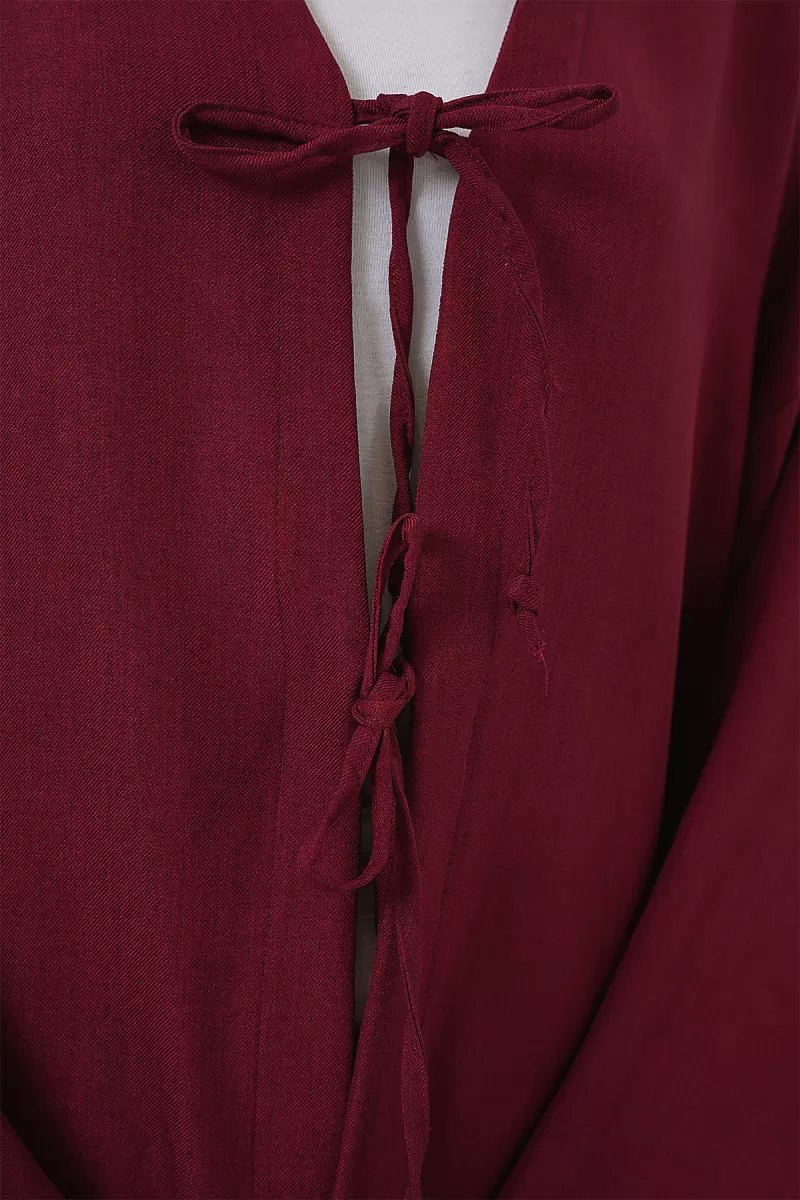 Kadın V Yaka Bağcıklı Viskon Bordo Tesettür Kimono