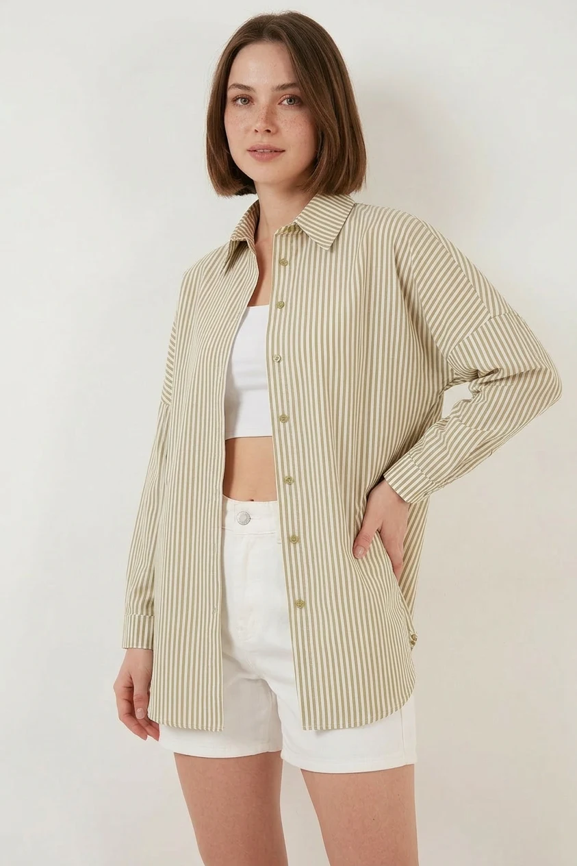 Kadın Oversize Çizgili Pamuklu Çağla Yeşili Gömlek