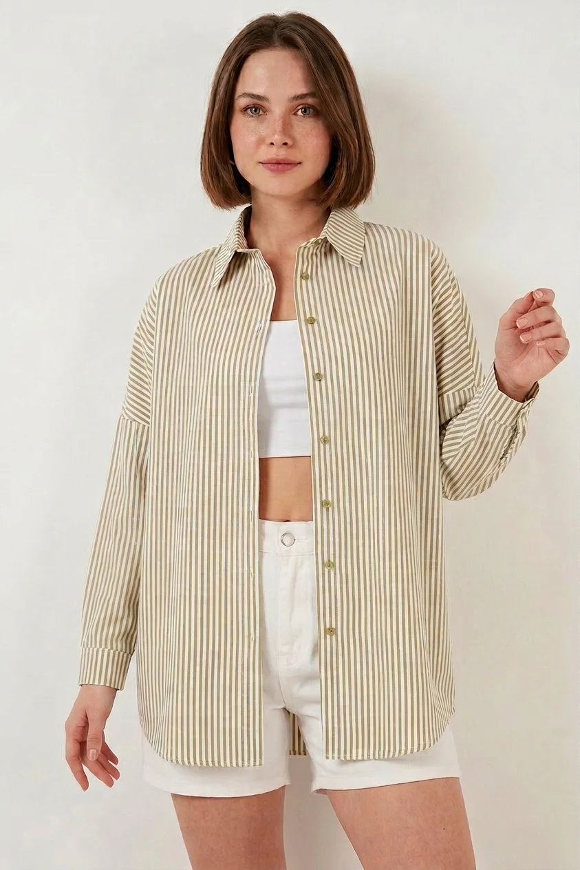 Kadın Oversize Çizgili Pamuklu Çağla Yeşili Gömlek