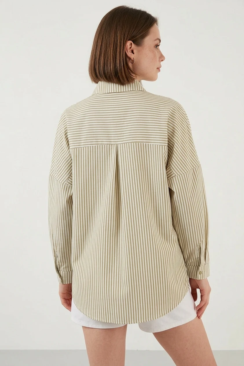 Kadın Oversize Çizgili Pamuklu Çağla Yeşili Gömlek