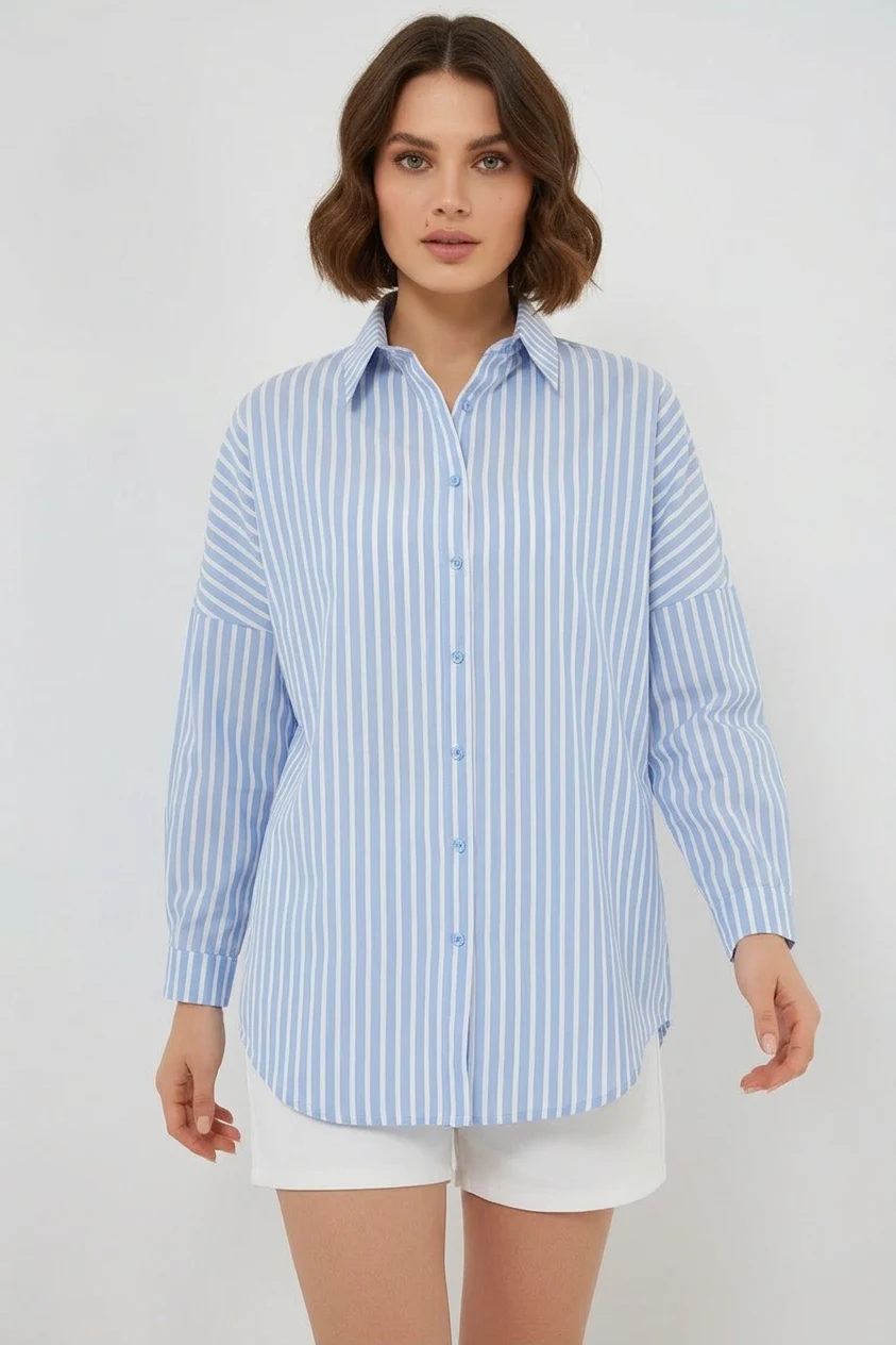 Kadın Oversize Çizgili Pamuklu Mavi Gömlek