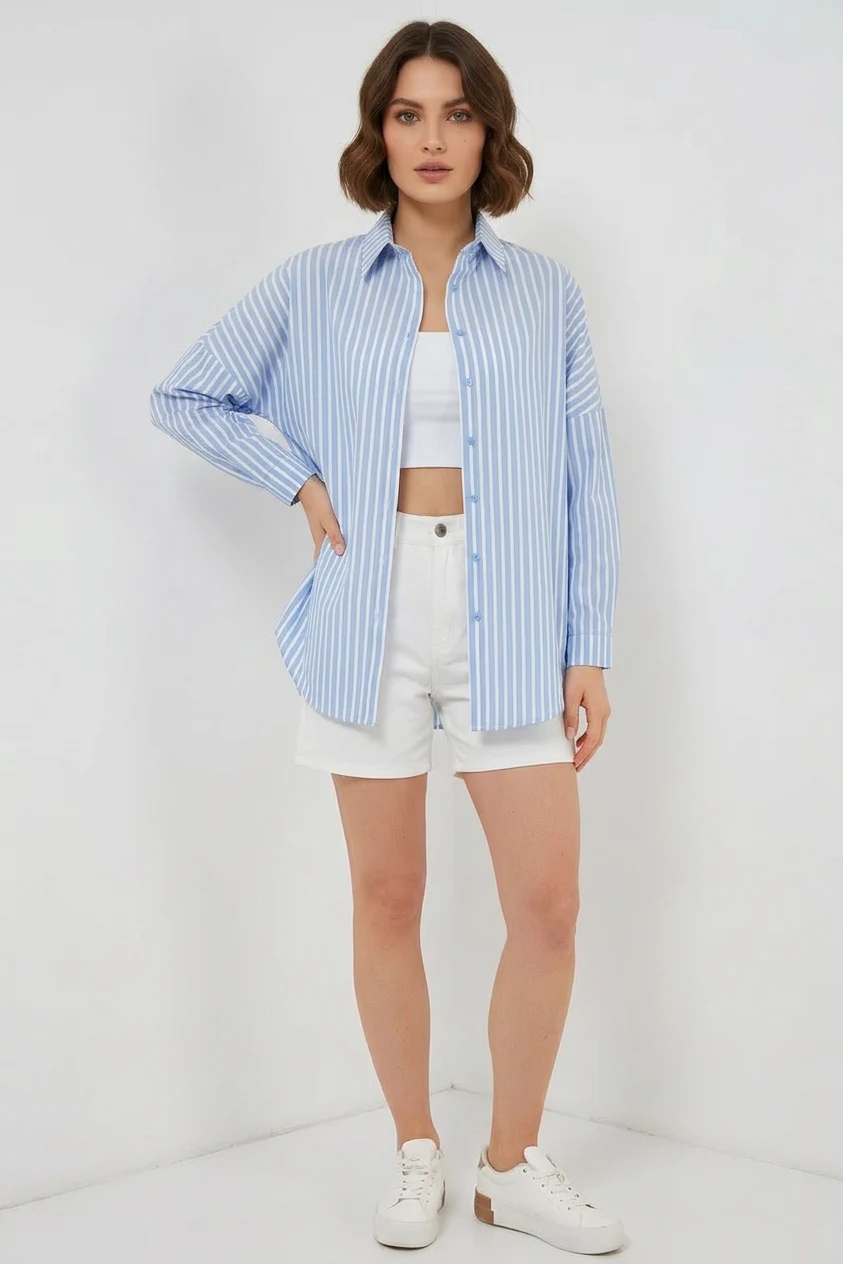 Kadın Oversize Çizgili Pamuklu Mavi Gömlek