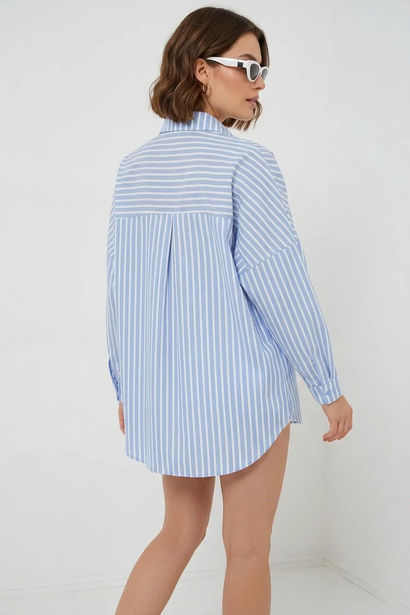 Kadın Oversize Çizgili Pamuklu Mavi Gömlek