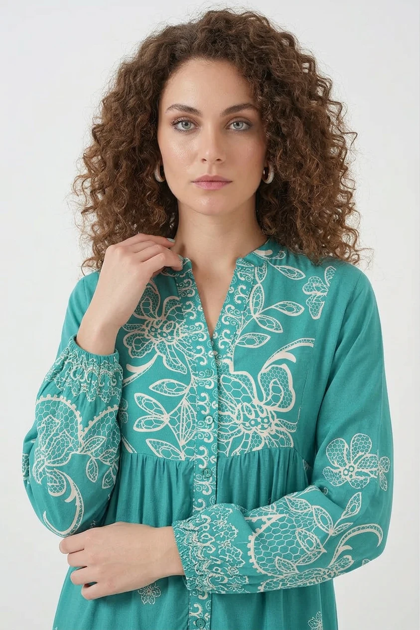 Kadın Gömlek Yaka Beli Büzgülü Uzun Kol Çiçek Desenli Viskon Mint Tesettür Elbise