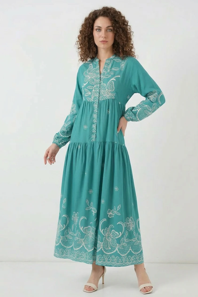 Kadın Gömlek Yaka Beli Büzgülü Uzun Kol Çiçek Desenli Viskon Mint Tesettür Elbise