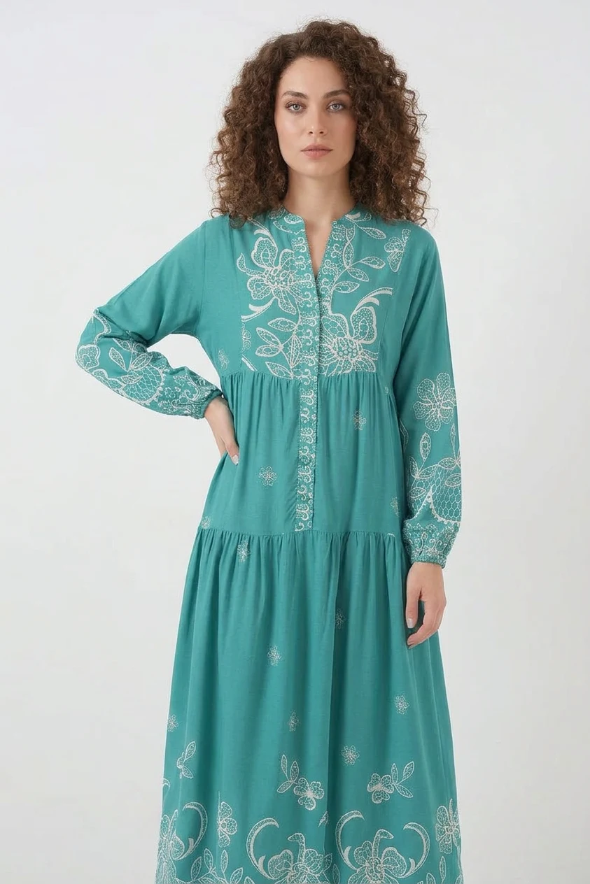 Kadın Gömlek Yaka Beli Büzgülü Uzun Kol Çiçek Desenli Viskon Mint Tesettür Elbise