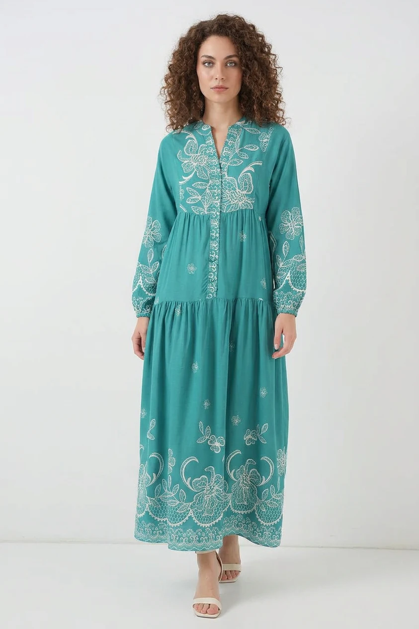 Kadın Gömlek Yaka Beli Büzgülü Uzun Kol Çiçek Desenli Viskon Mint Tesettür Elbise