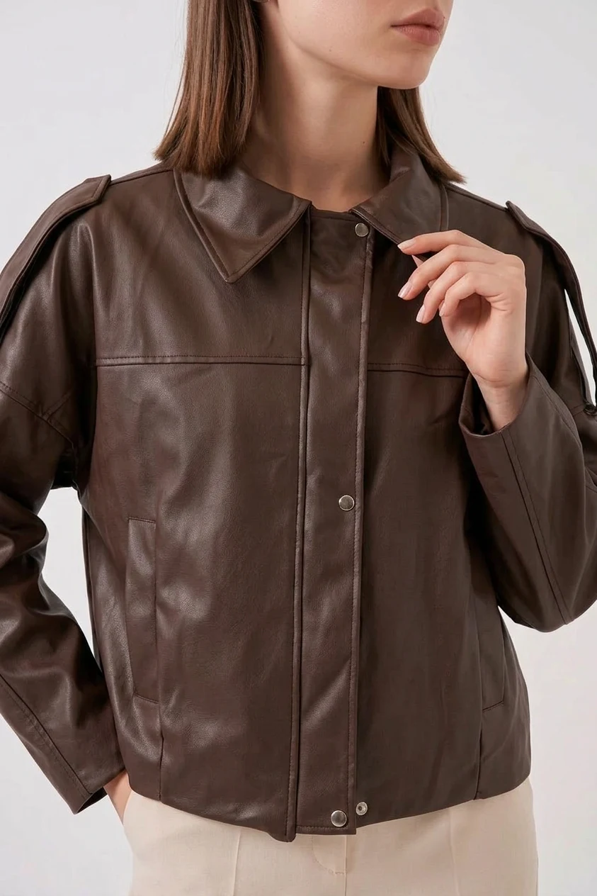 Kadın Gömlek Yaka Oversize Kesim Kahverengi Ceket